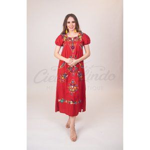 Mexican Handmade Embroidered Maxi Dress Red XS